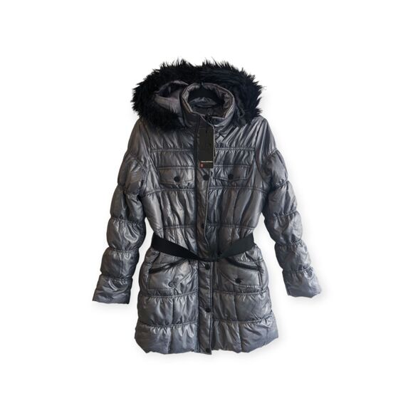 Women's Urban Republic Dark Grey Puffer Jacket Faux-Fur Hood Size Medium NWT - Picture 1 of 9
